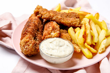Plate of tasty fried codfish with french fries and sauce on white background, closeup