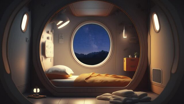 Interior of a doomsday escape pod. With starry sky outside of the window. Meditation. Relaxing time. Space travelling.