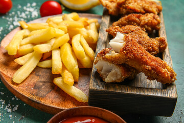 Plate of tasty fried codfish with french fries on green background