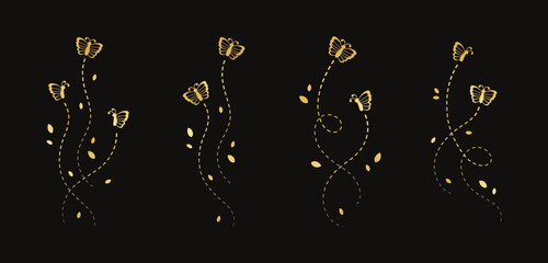 Gold Butterflies Set. Golden Flying Butterfly with Dotted Line Route. Beautiful elegant insects with open wings trail. Vector design elements for spring and summer.