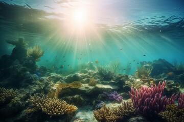 Tropical Underwater Reef Scene with Sunlight. Generative AI