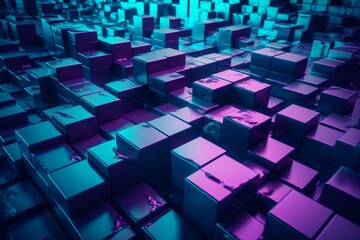 Interlocking purple and turquoise blocks create a futuristic 3D background. Generative AI