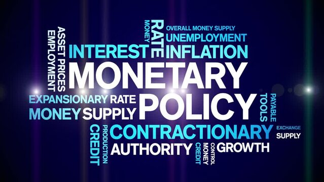 Monetary Policy animated tag word cloud;text design animation kinetic typography seamless loop.