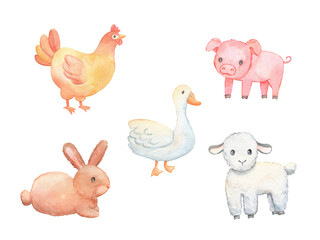 Fototapeta premium Cute baby piglet, lamb and chicken isolated on white. Watercolor farm animals set. Childish character