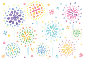 水彩手描きの花火のイラスト-横型