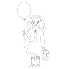 Outline illustration girl with balloon and bear toy. Cute kid for isolated on white for coloring book