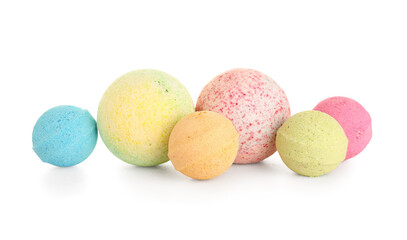Colorful bath bombs on white background