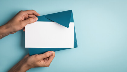 Top-View Photo of Hands Holding Blue Envelope and White Card on Isolated Pastel Blue Background with Empty Space for Greetings, Invitations, Weddings, Events, and Product Promotion. Generative AI