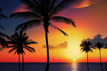 Fototapeta na wymiar Beautiful Dawn Sky with Low Sun over Ocean with Silhouette of Palm Trees Generative AI Illustration