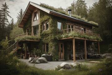 Sustainable Alaskan home with eco-friendly features. Generative AI