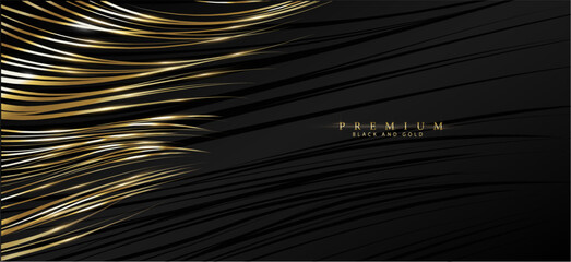 Naklejka premium Luxury gold and black background. Golden wavy lines with flashes of light. Elegant abstract banner, flyer, bruchure, vector template.