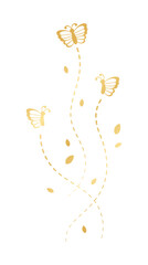 Golden Flying Butterfly with Dotted Line Route. Elegant gold butterflies with open wings trail. Vector design elements for spring and summer.