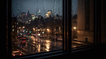 窓から見た夜の雨の街のイメージ　generative ai - obrazy, fototapety, plakaty