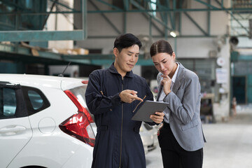 Car mechanic service and maintenance car engine concept. Male mechanic and female car owner customer working and discuss repair checking together on computer tablet in auto repair shop