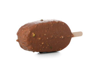 Delicious chocolate covered ice cream on stick against white background