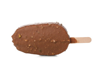 Delicious chocolate covered ice cream on stick against white background