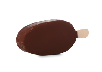 Delicious chocolate covered ice cream on stick against white background