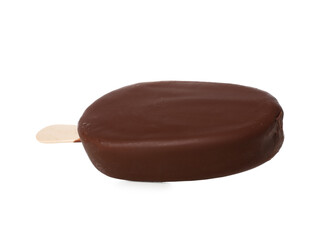 Delicious chocolate covered ice cream on stick against white background