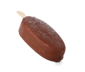 Delicious chocolate covered ice cream on stick against white background