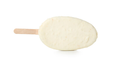 Delicious chocolate covered ice cream on stick against white background