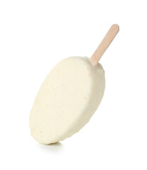 Delicious chocolate covered ice cream on stick against white background
