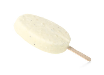 Delicious chocolate covered ice cream on stick against white background