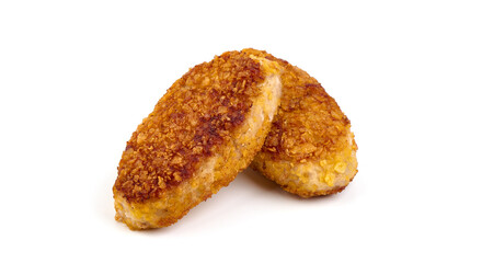 Fried cutlets in bread crumbs, isolated on the white background