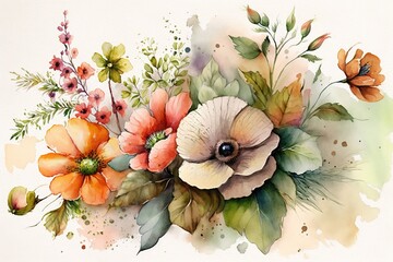 Watercolor painting of flowers and leaves.