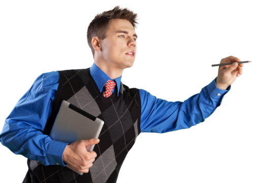 Image of thoughtful male student holding digital tablet