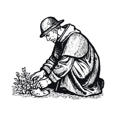 Antique engraving of farmer working