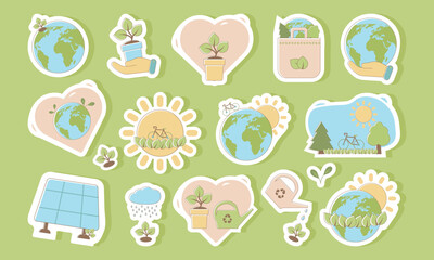 Set of stickers Sustainable development. The concept of sustainable ecology for Earth Day and World Environment Day.