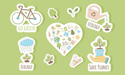 Set of stickers Sustainable development. The concept of sustainable ecology for Earth Day and World Environment Day.
