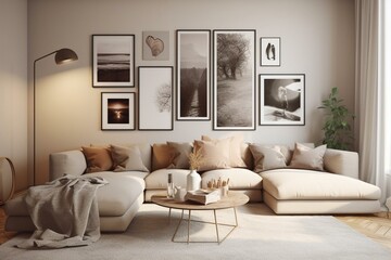 Beige living room with gallery posters above sofa. Generative AI