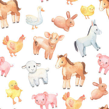 Watercolor seamless pattern with farm animals on white. Cute donkey, chick and horse.