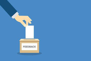 Feedback, feedback box. Hand holding feedback paper card and. Customer suggestion. Submission of comment, feedback, suggestion in box. Customers review concept.