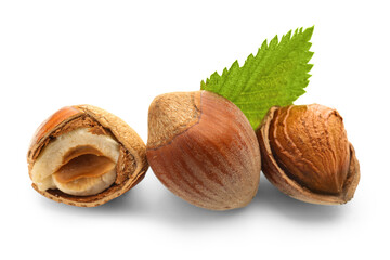 Shelled hazelnuts with leaf on white background