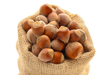 Sack bag with shelled hazelnuts on white background