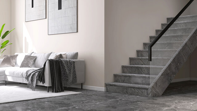 Luxury, modern gray marble stone stair, staircase tempered glass panel, black steel handrail in beige wall living room with sofa in sunlight from window on granite floor. Interior background 3D