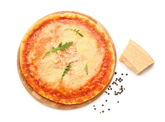 Wooden board of tasty pizza with parmesan cheese on white background