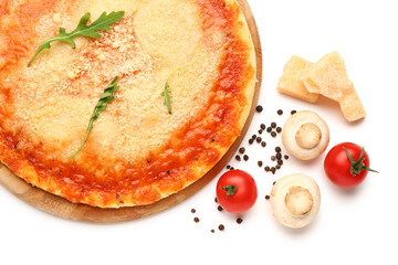 Wooden board of tasty pizza with parmesan cheese and ingredients on white background