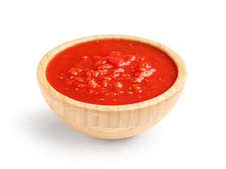 Bowl with tasty tomato sauce on white background