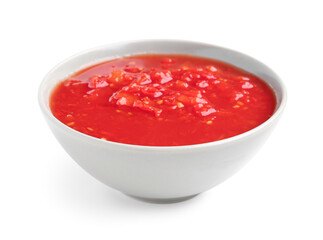 Bowl with tasty tomato sauce on white background