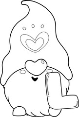cute valentine love gnome cartoon doodle outline character hand drawing for colouring 