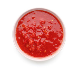 Bowl with tasty tomato sauce on white background