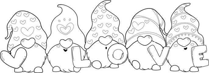 cute valentine love gnome cartoon doodle outline character hand drawing for colouring 