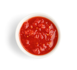 Bowl with tasty tomato sauce on white background