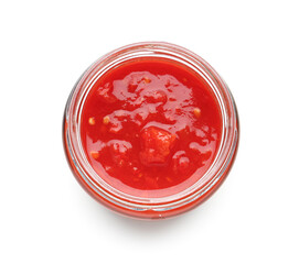 Jar with tasty tomato sauce on white background