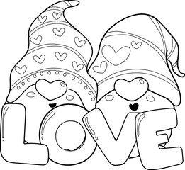 cute valentine love gnome cartoon doodle outline character hand drawing for colouring 