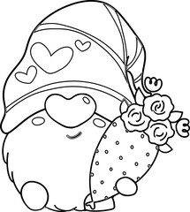 cute valentine love gnome cartoon doodle outline character hand drawing for colouring 