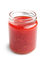 Jar with tasty tomato sauce on white background